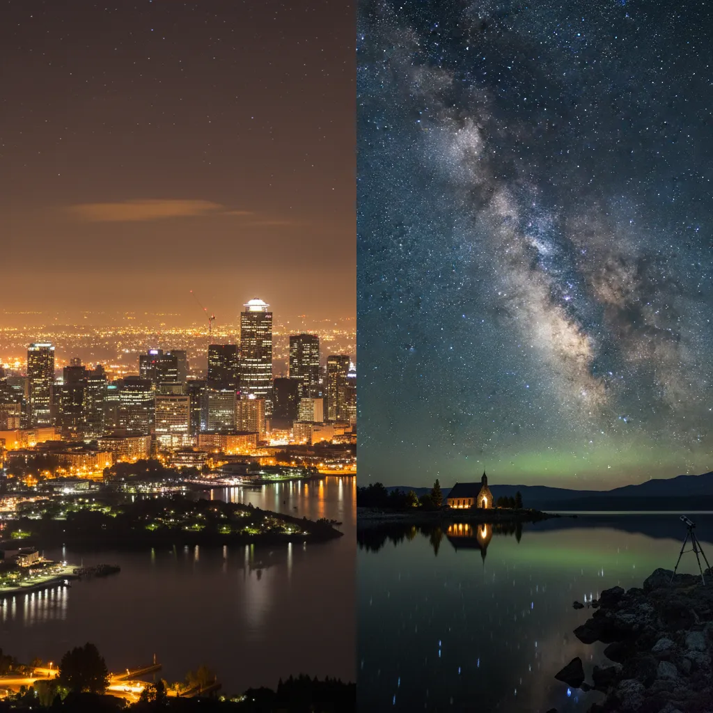 Comparison of light pollution in Auckland versus dark skies in Tekapo