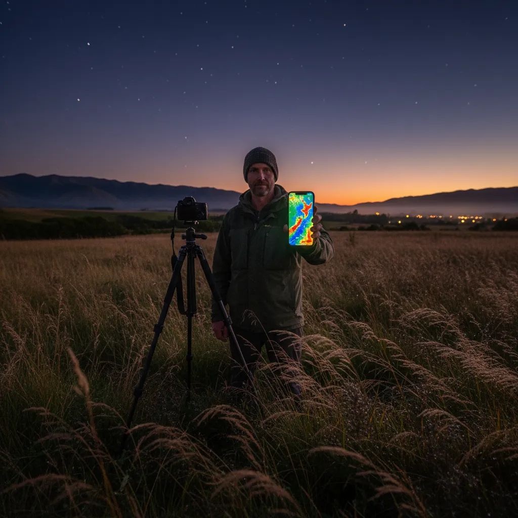 Photographer using a light pollution map app in the field