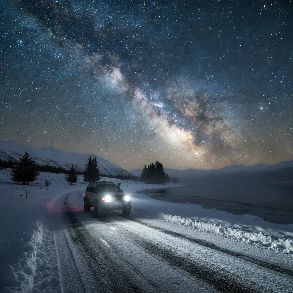 Astro-tourist vehicle driving in snow under the Milky Way in New Zealand