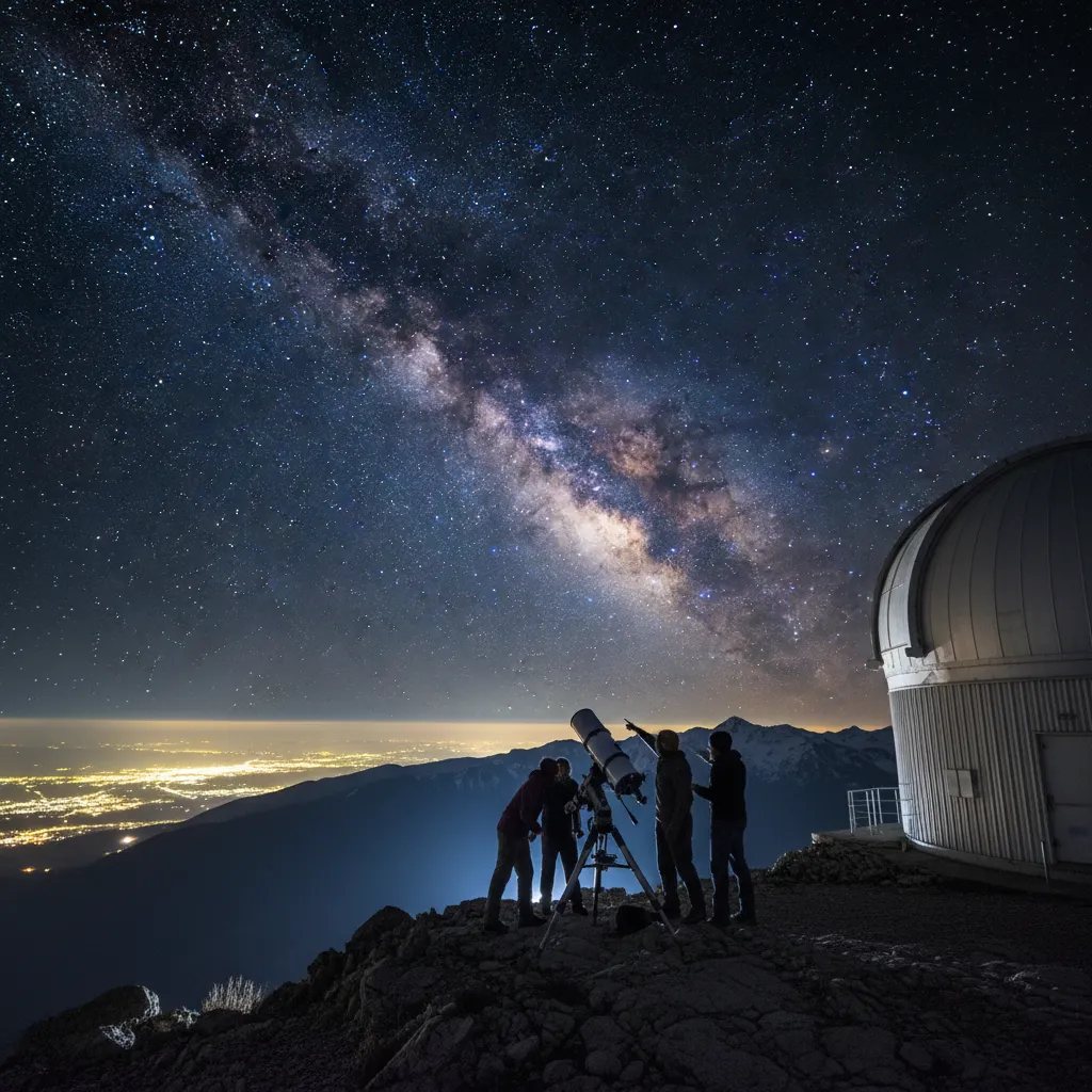 Tourists stargazing at Mt John Observatory under the Milky Way