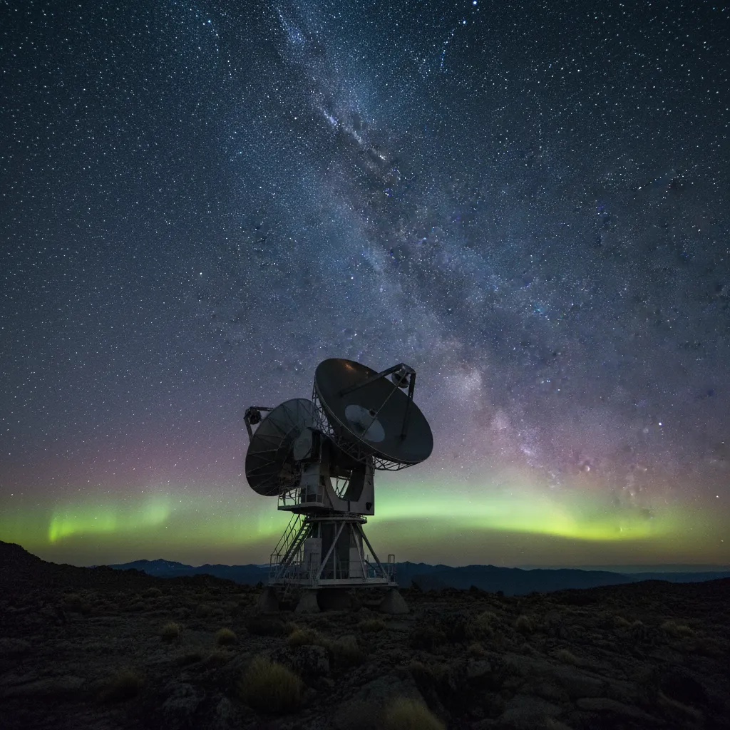 Telescope silhouette against the Aurora Australis at Cowans Hill