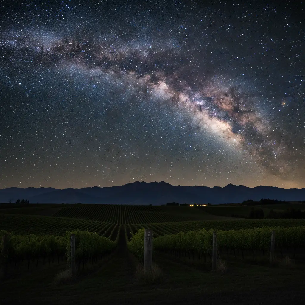 Milky Way galaxy visible over Martinborough vineyards in the Wairarapa Dark Sky Reserve