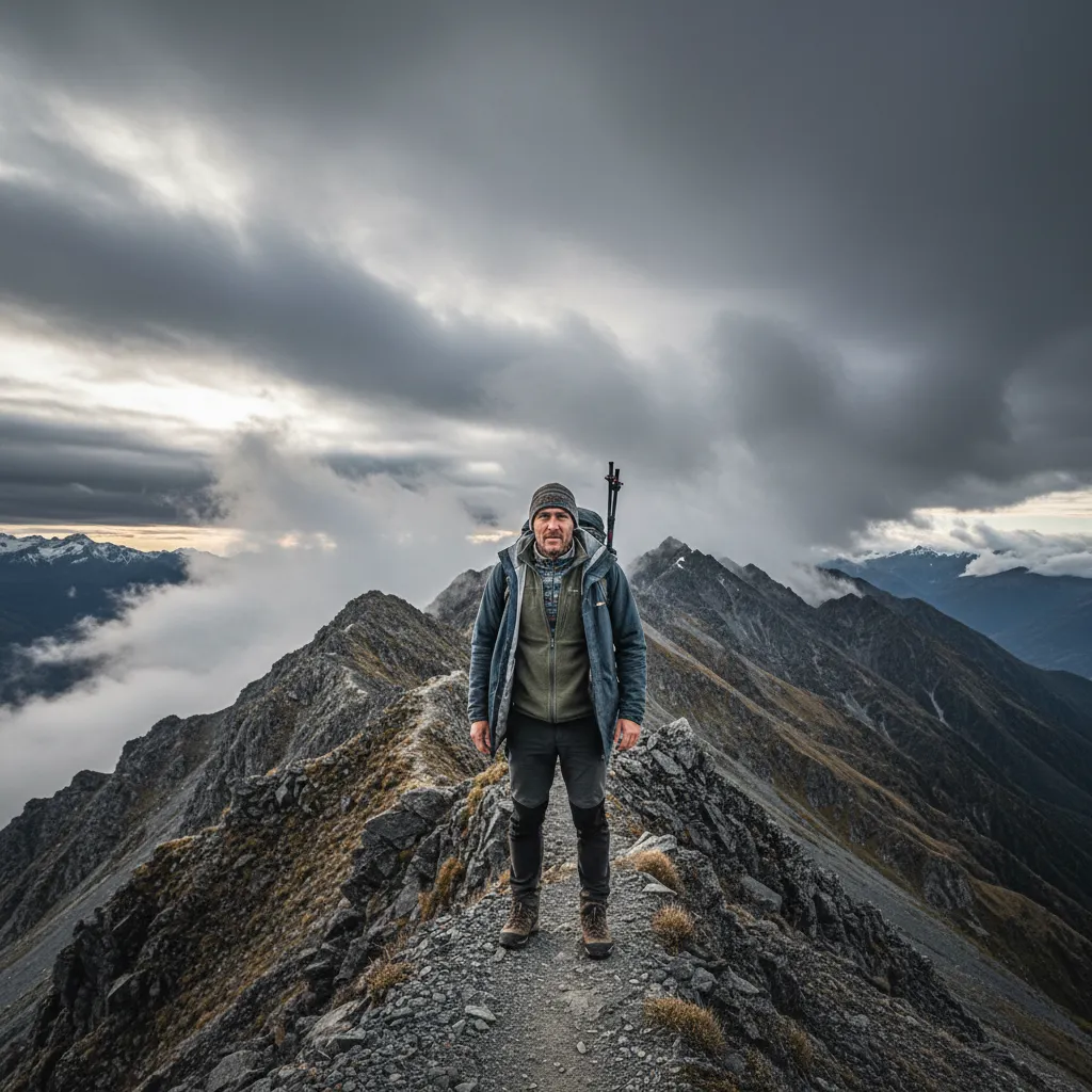 Hiker demonstrating layering system in New Zealand mountains
