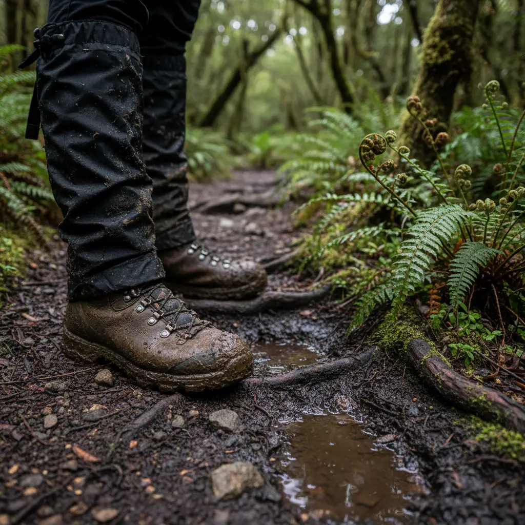 Hiking boots and gaiters on a muddy NZ track