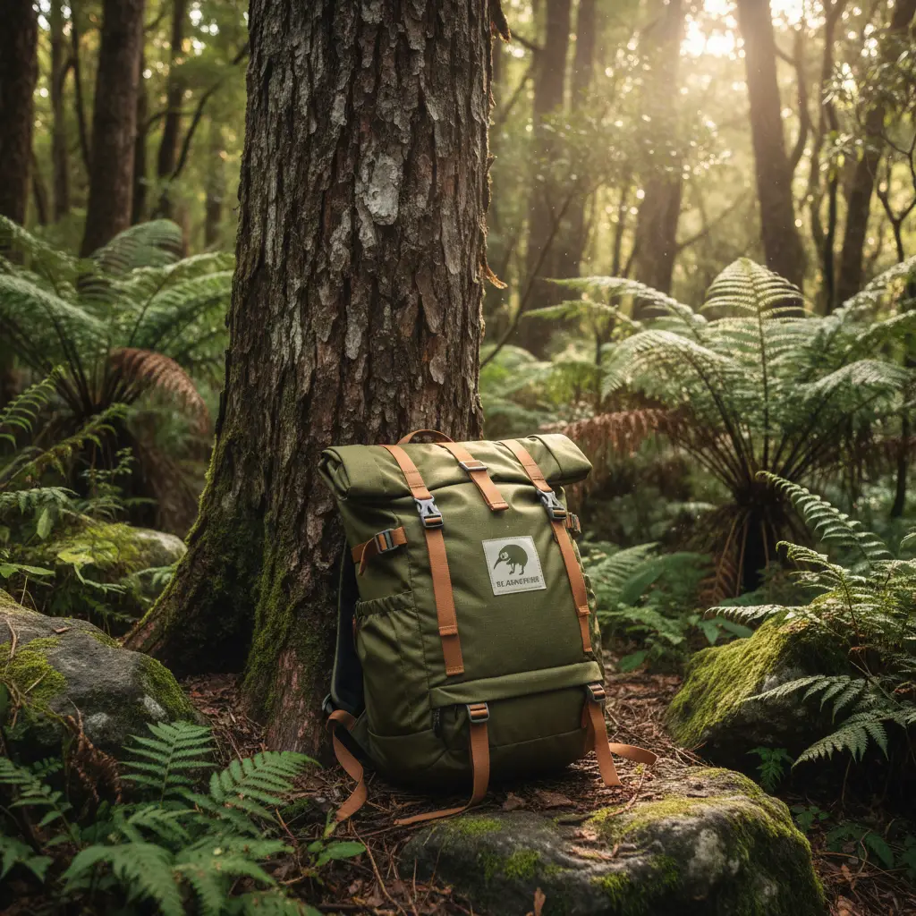 Eco-friendly hiking gear in native NZ forest