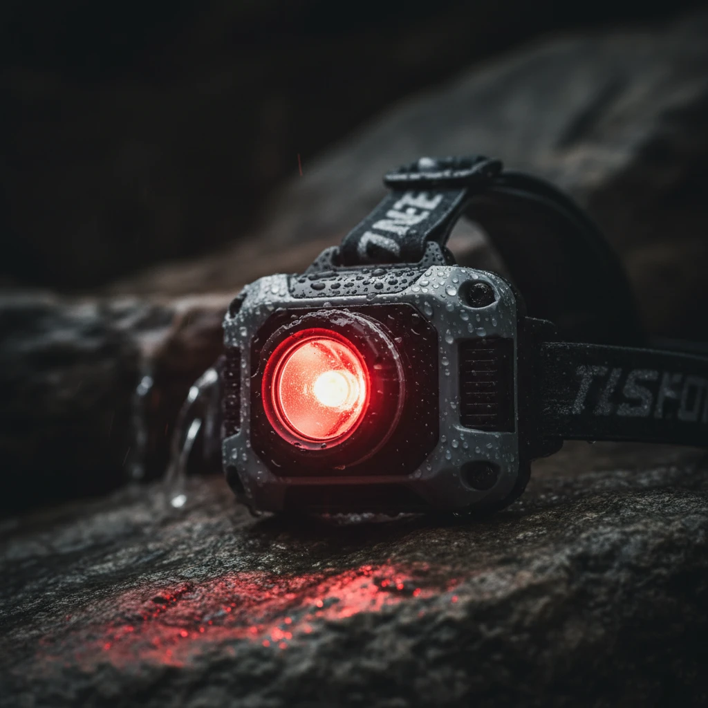 Waterproof headlamp with red light mode