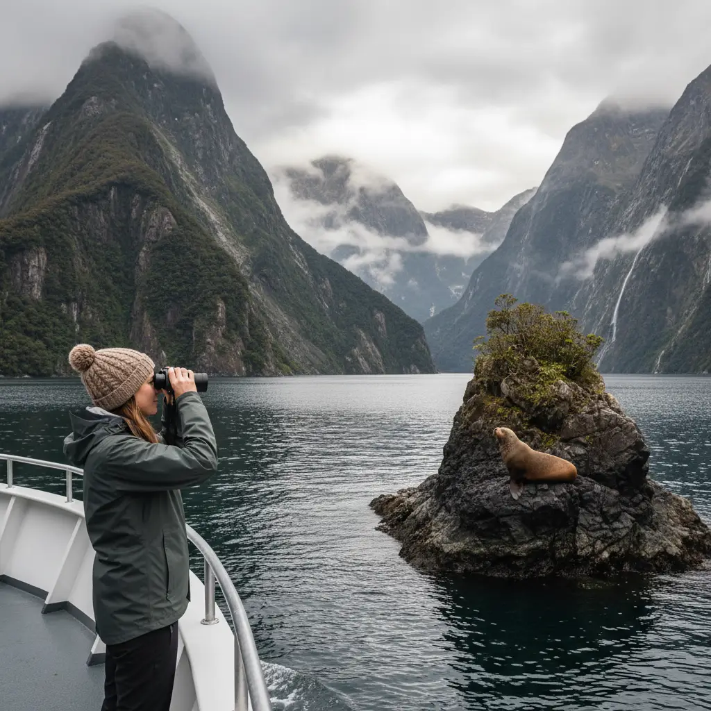 Traveler using binoculars for marine wildlife viewing in Milford Sound