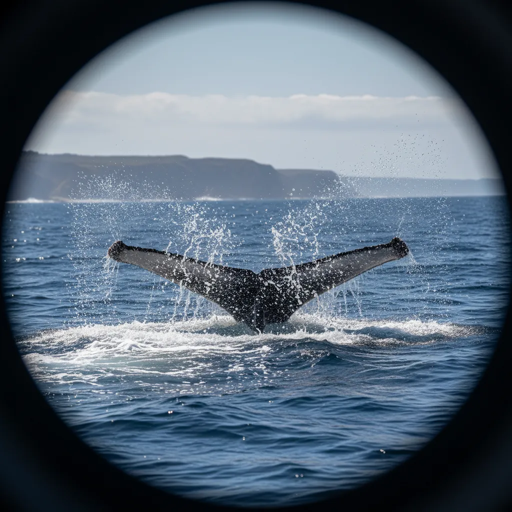 View of a whale tail through marine binoculars