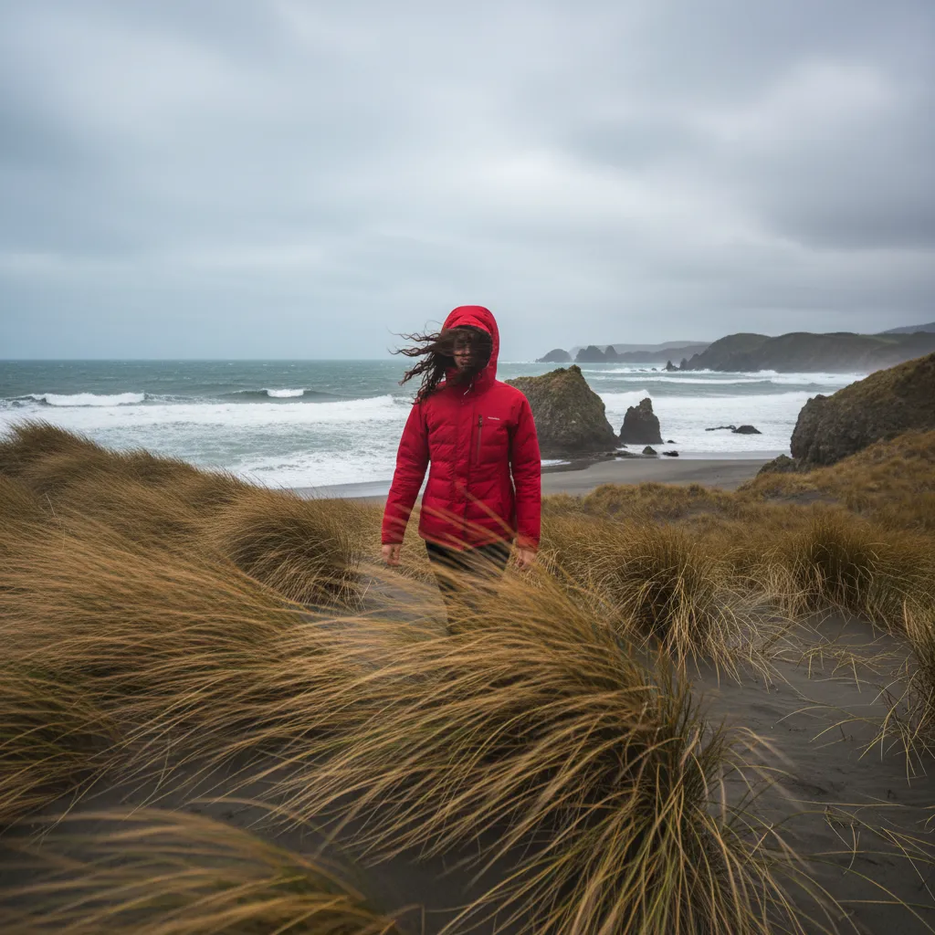 Woman wearing windproof jacket on a windy Catlins beach