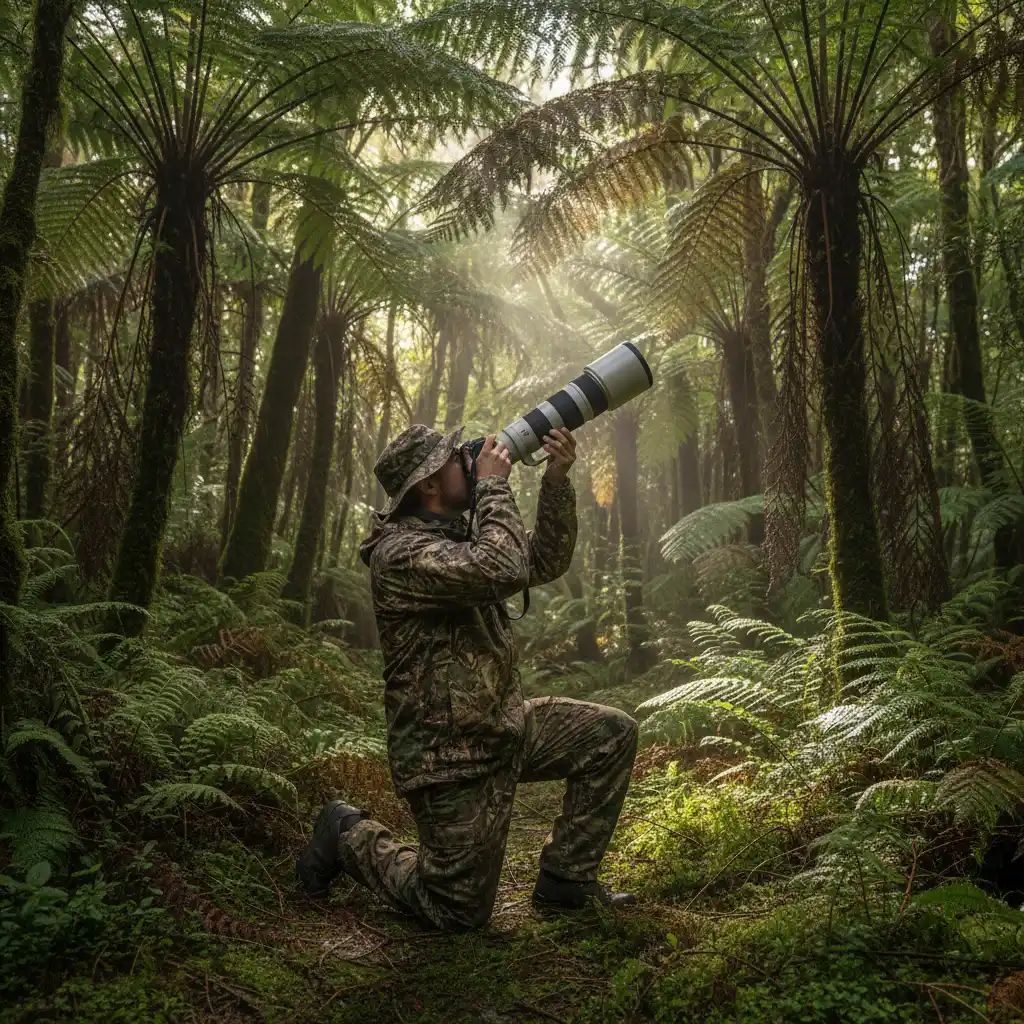 Photographer using a long telephoto lens in New Zealand native bush