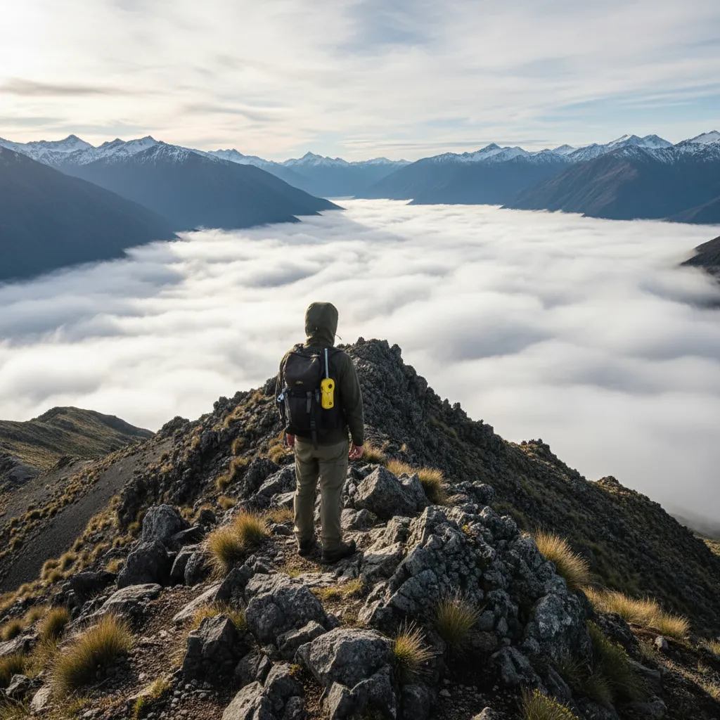Hiker with Personal Locator Beacon in NZ Mountains