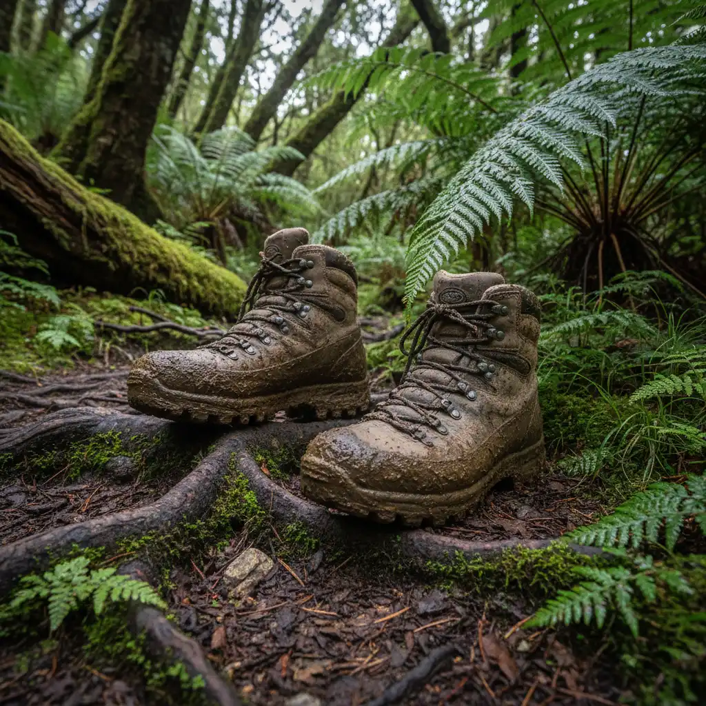 Muddy hiking boots on a rooty New Zealand bush track