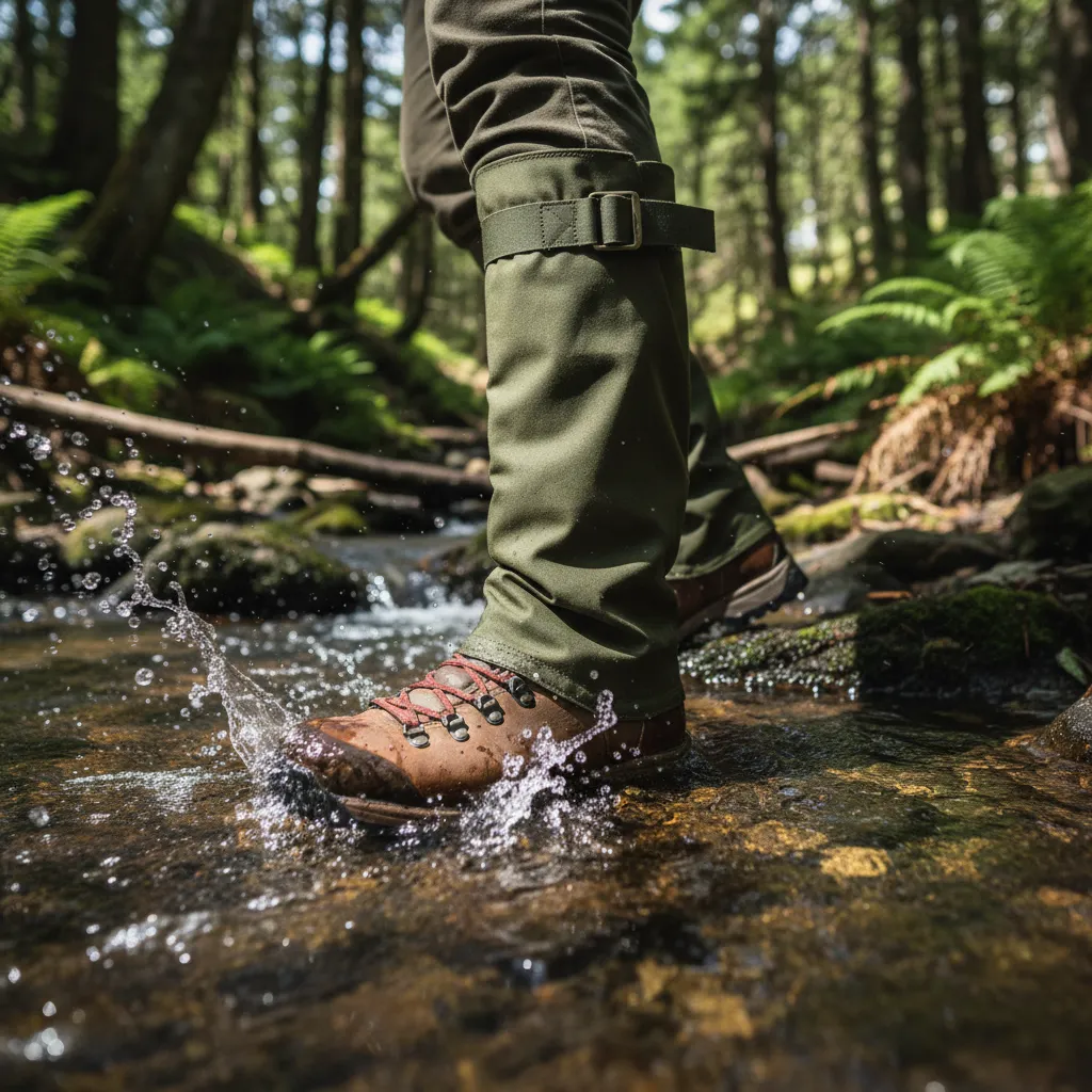 Hiker wearing gaiters crossing a stream in New Zealand
