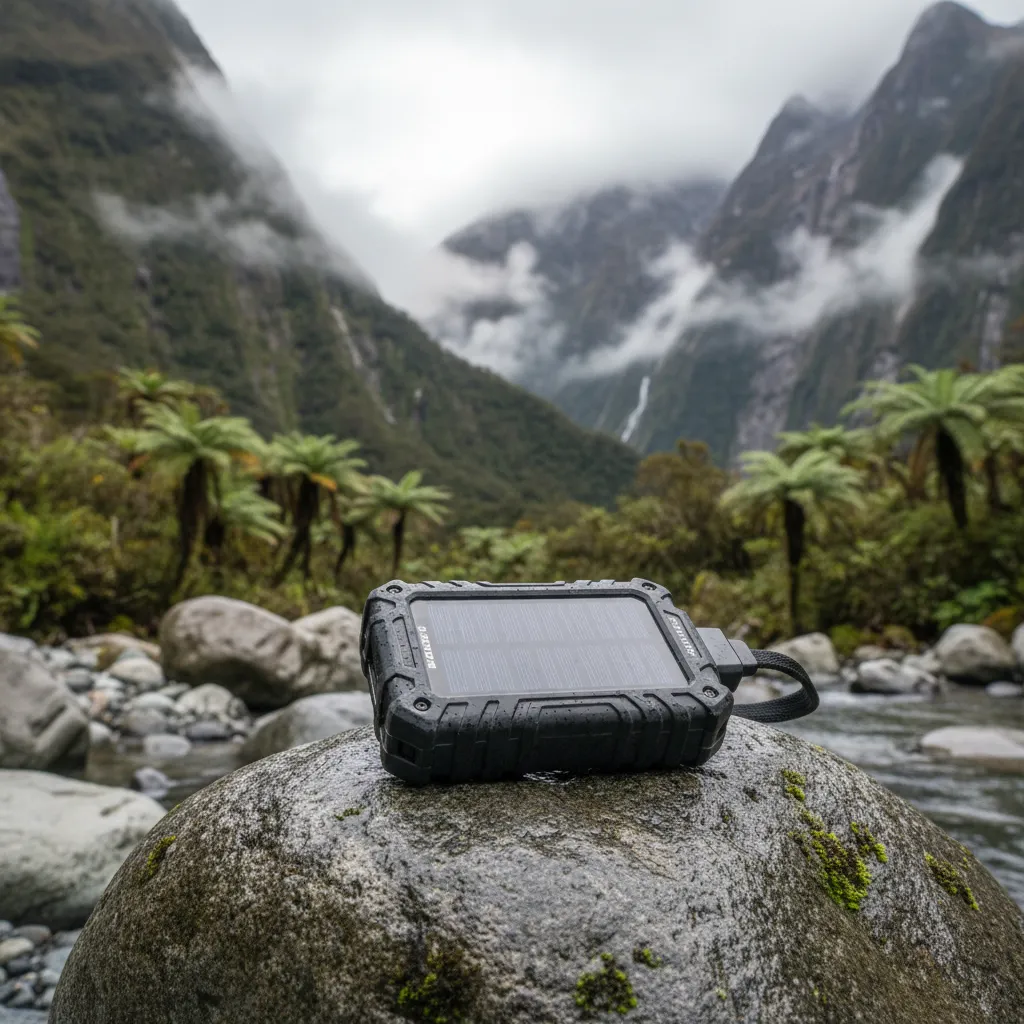 Solar power bank charging in New Zealand wilderness
