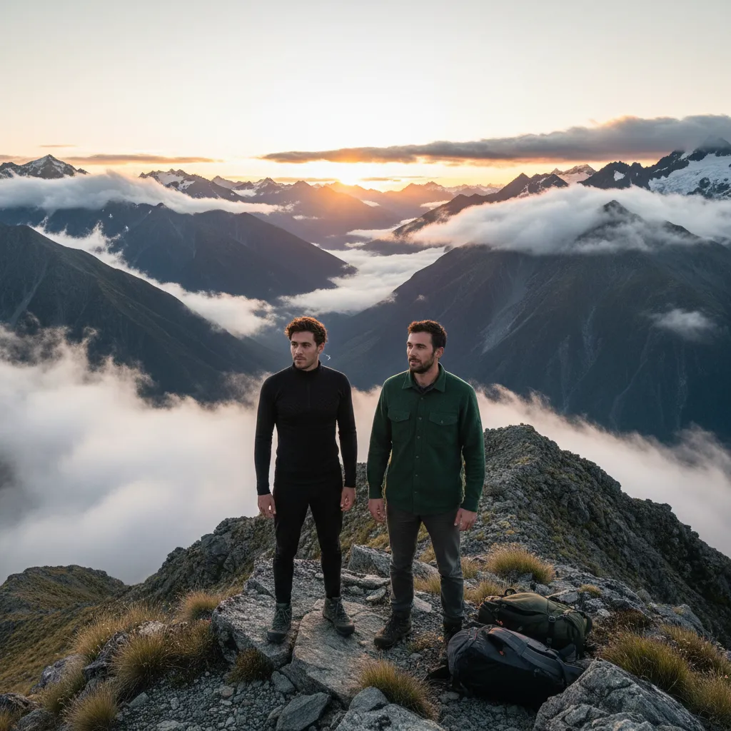 Hikers wearing Icebreaker and Macpac merino wool layers in the New Zealand Southern Alps