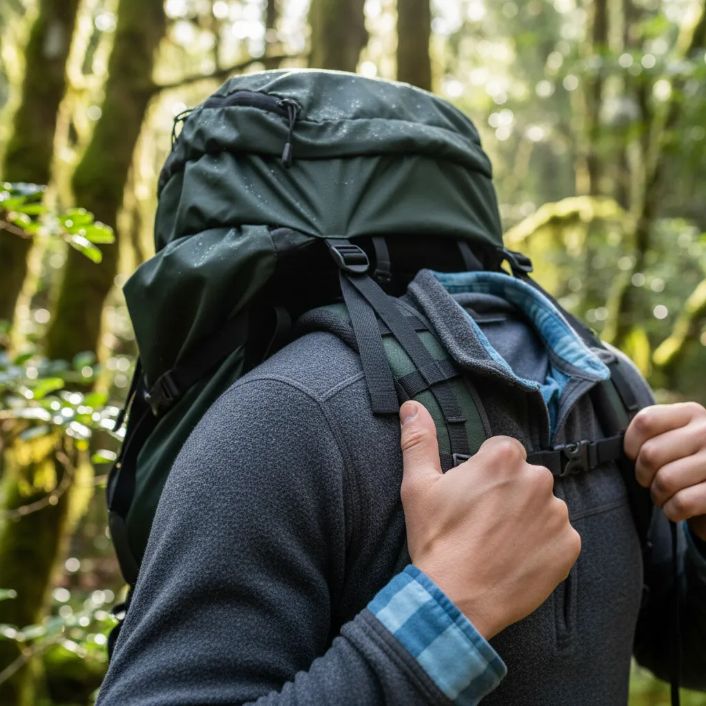 Backpacker wearing merino wool base layer under heavy pack straps
