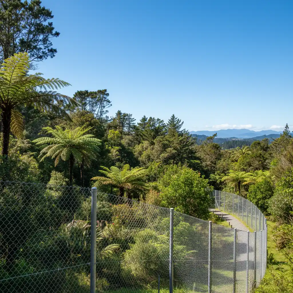 New Zealand predator proof fence in a lush green sanctuary