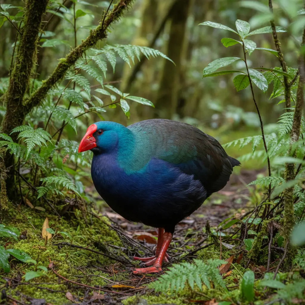Rare Takahe bird in the wild at Orokonui Ecosanctuary