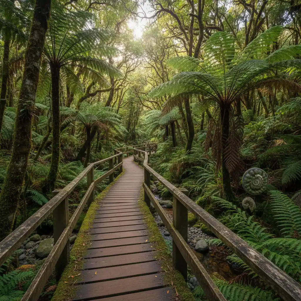 Wooden boardwalk through New Zealand native fern forest