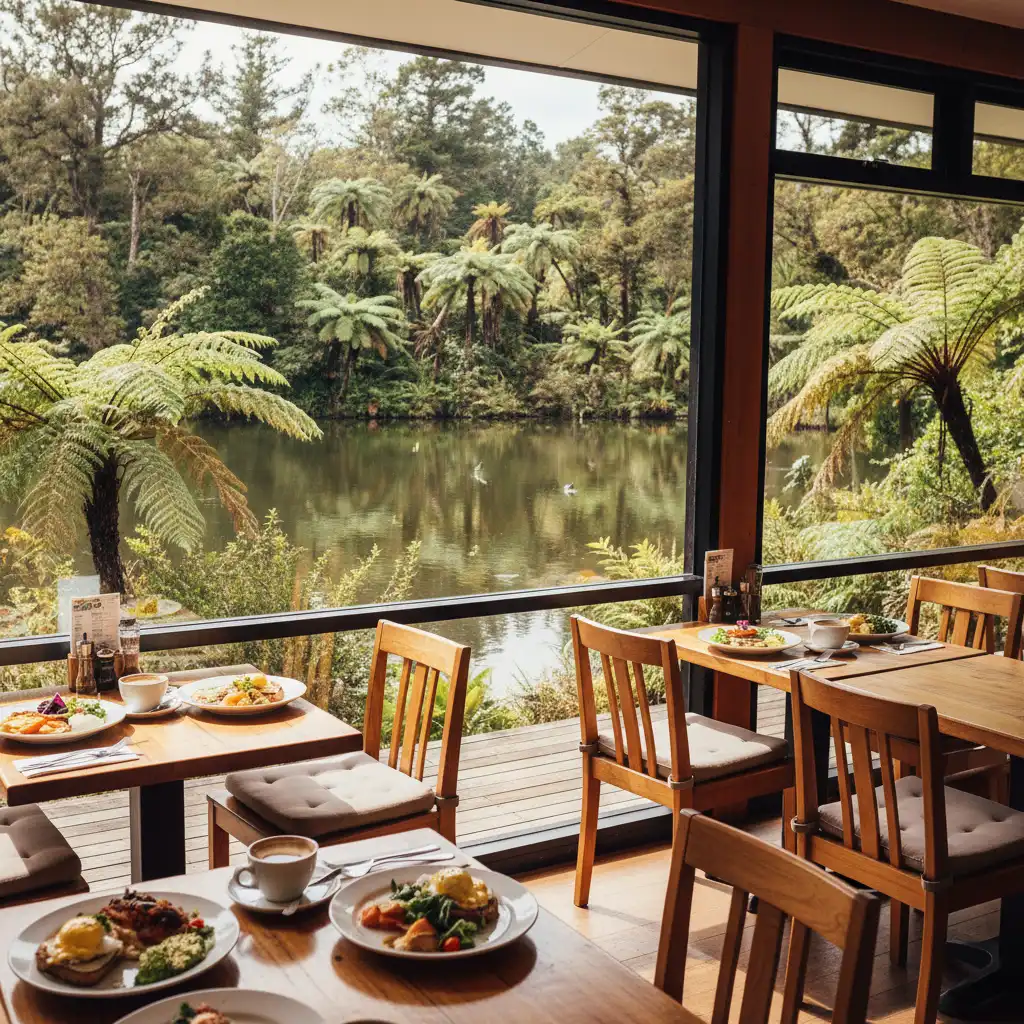 Rātā Cafe interior overlooking Zealandia sanctuary lake
