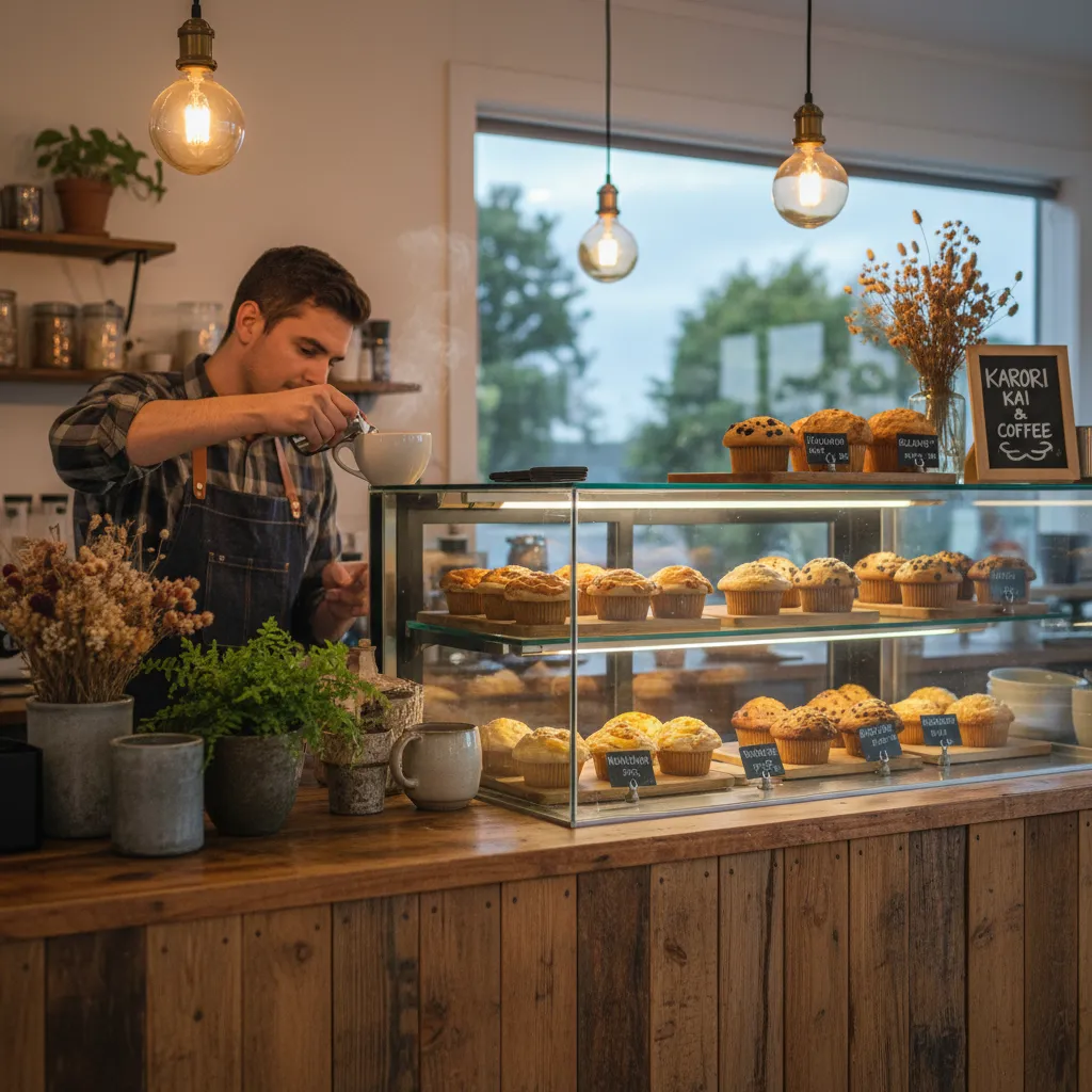 Barista pouring coffee at a cozy Karori cafe near Zealandia