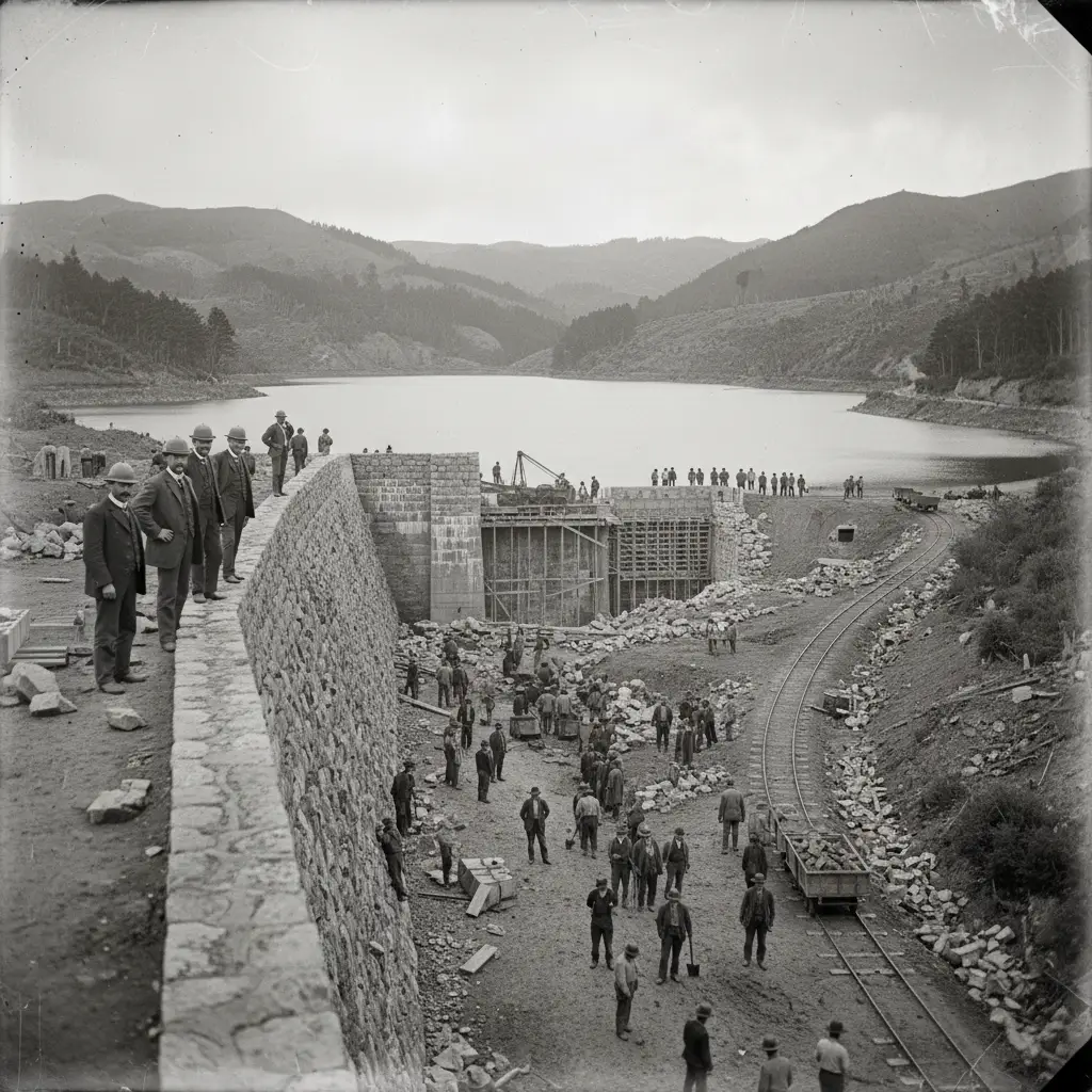 Historical construction of the Karori Reservoir dam in the late 1800s