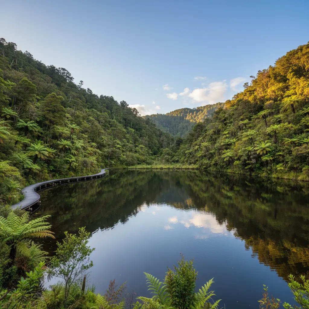 Panoramic view of the regenerating forest and lake at Zealandia