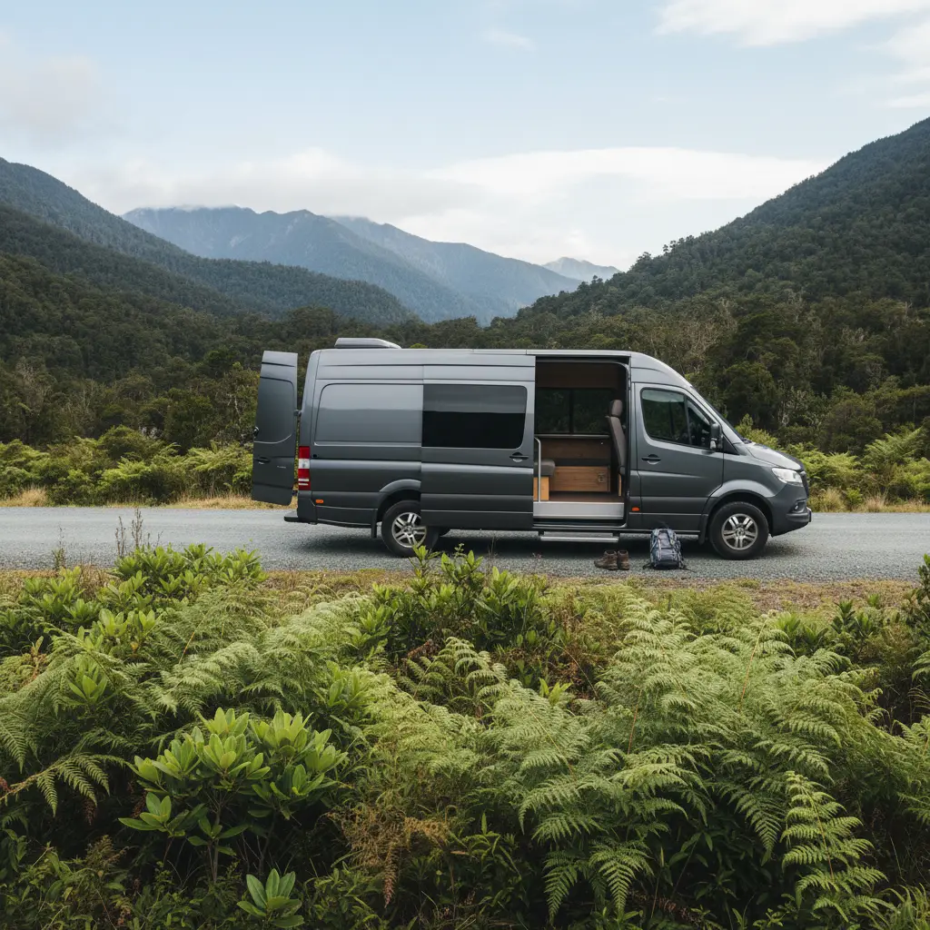 Eco-tour shuttle van in New Zealand native bush setting