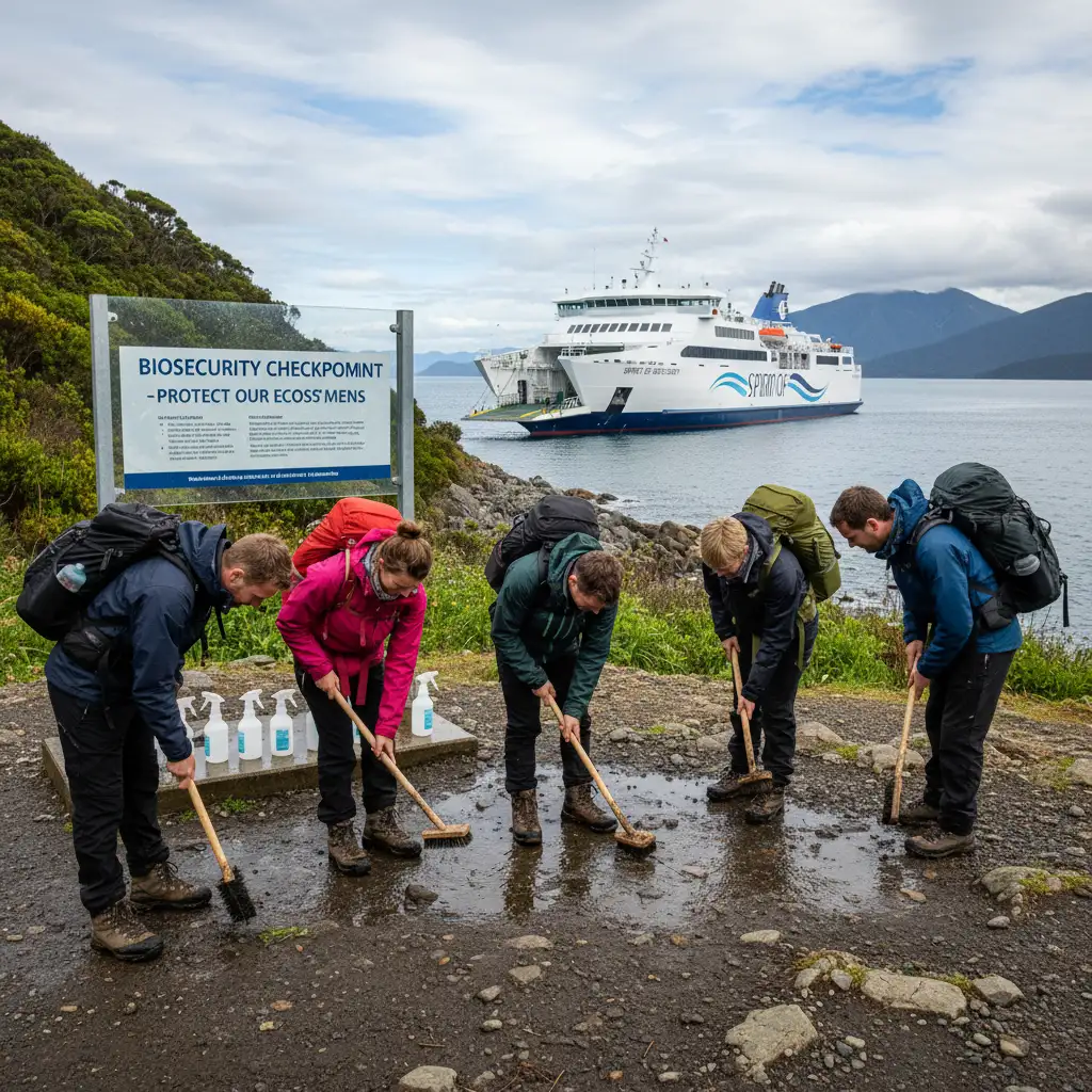Hikers cleaning boots at biosecurity station
