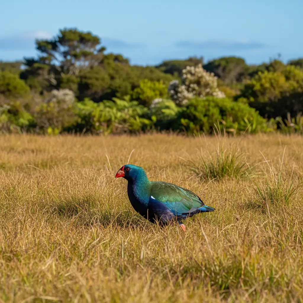 A rare Takahe bird walking through the grass on Rotoroa Island