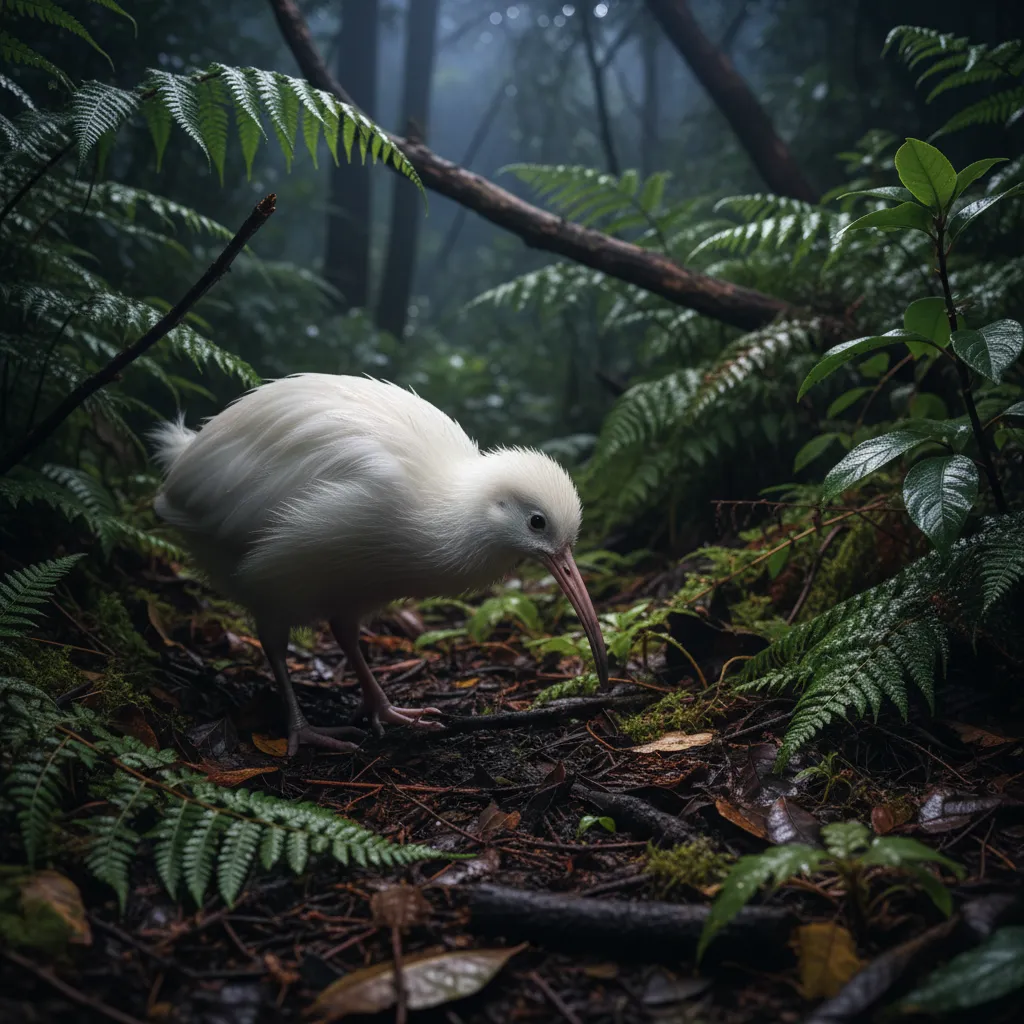 Rare white kiwi pukaha foraging in the native forest undergrowth