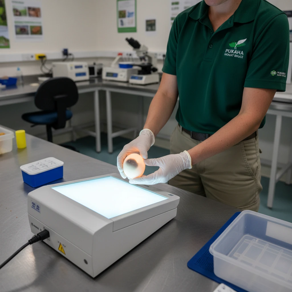 Conservation ranger examining a kiwi egg at Pukaha National Wildlife Centre