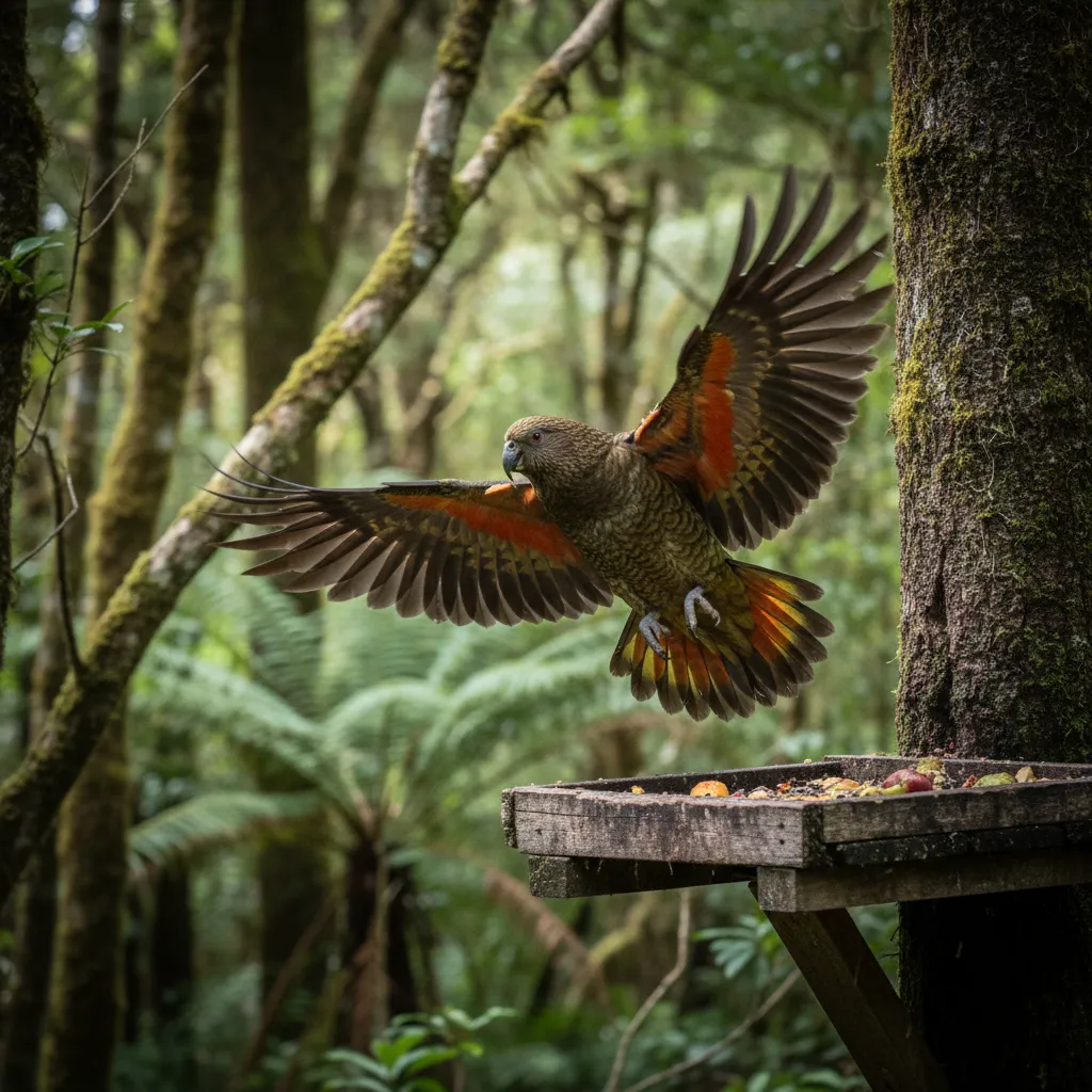 Kaka parrot flying at Pukaha National Wildlife Centre feeding station