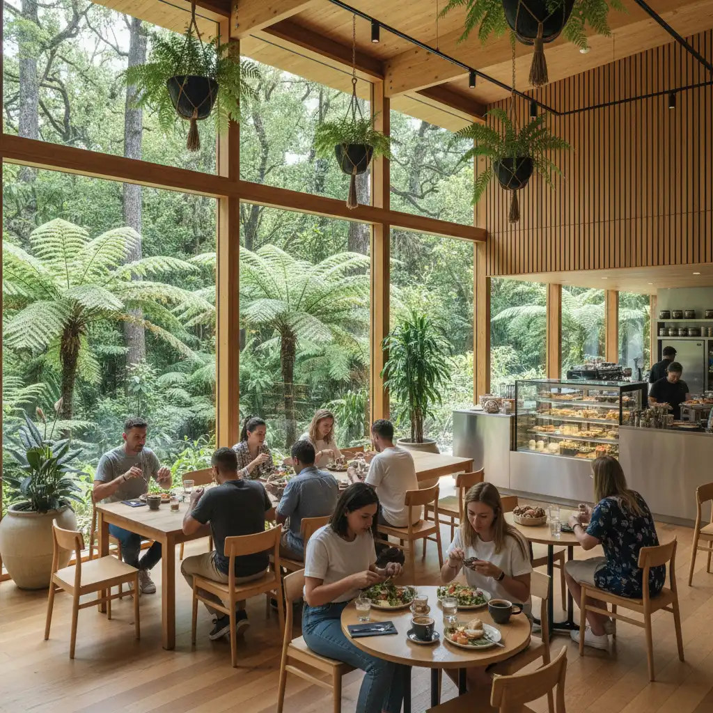 Kaka Cafe interior overlooking the Pukaha forest reserve
