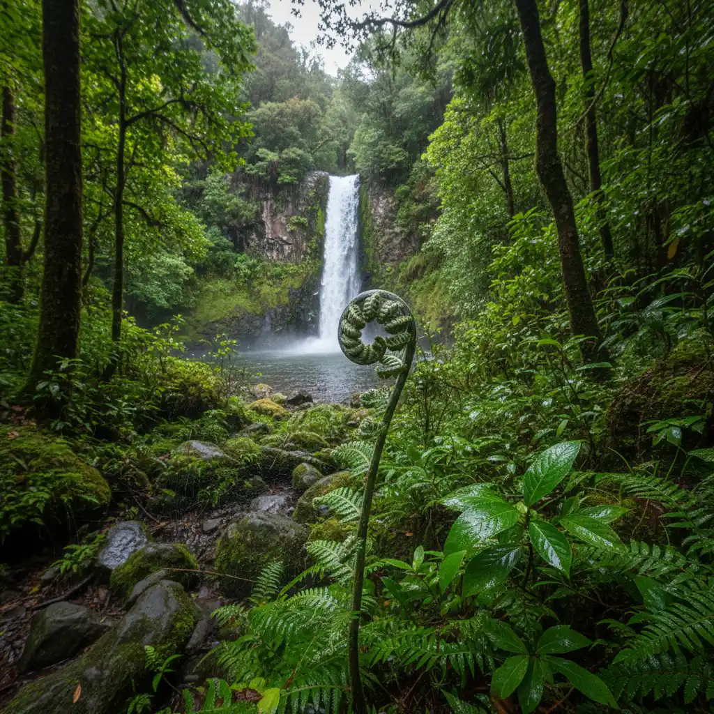 New Zealand rainforest in spring with silver fern