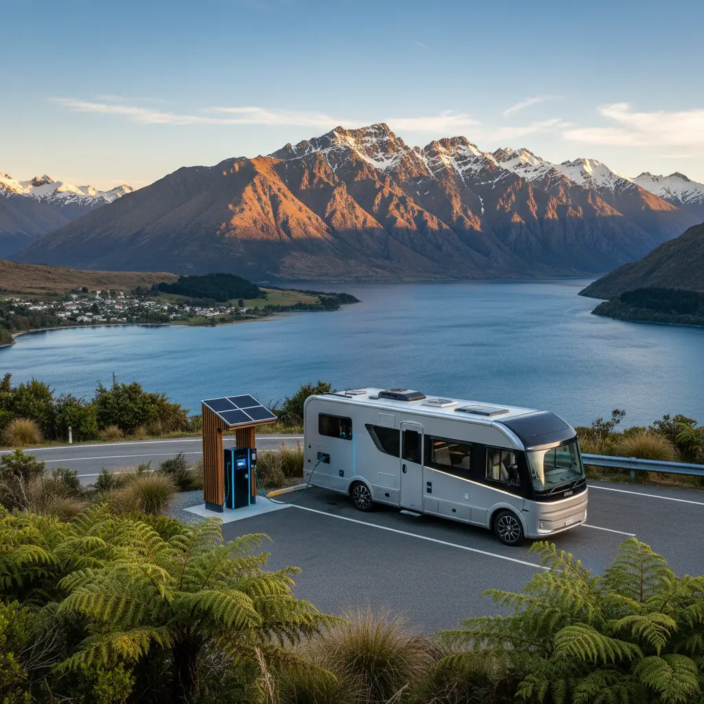 Electric campervan charging in New Zealand landscape