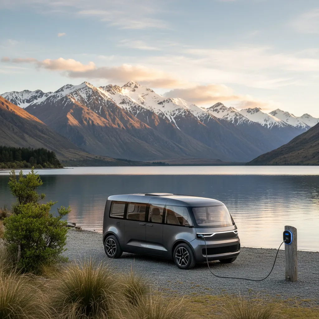 Electric campervan charging at a scenic New Zealand campsite