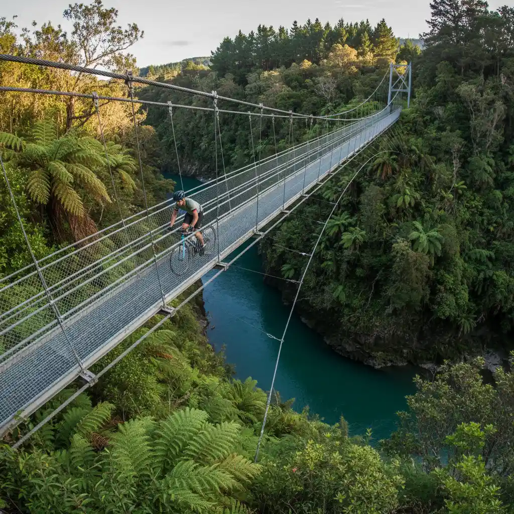Cyclist crossing the Arapuni Suspension Bridge on the Waikato River Trails