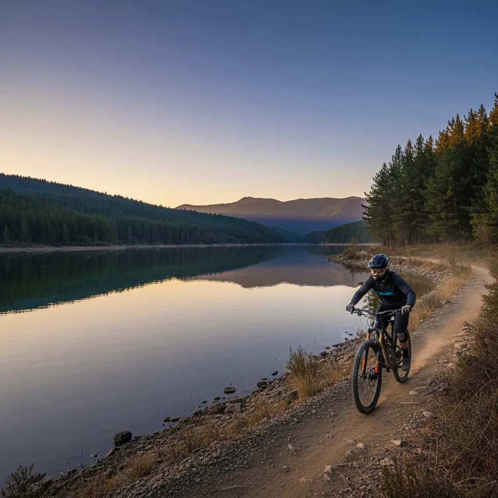 Mountain biking alongside Lake Maraetai on the Waikato River Trails