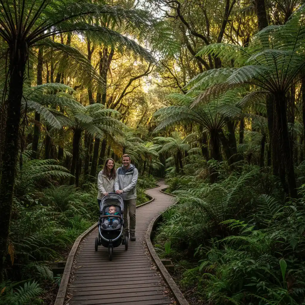 Family enjoying easy nature walks NZ for toddlers on a boardwalk