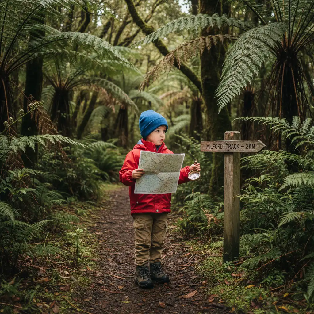 Child navigating a New Zealand forest trail during a junior ranger activity