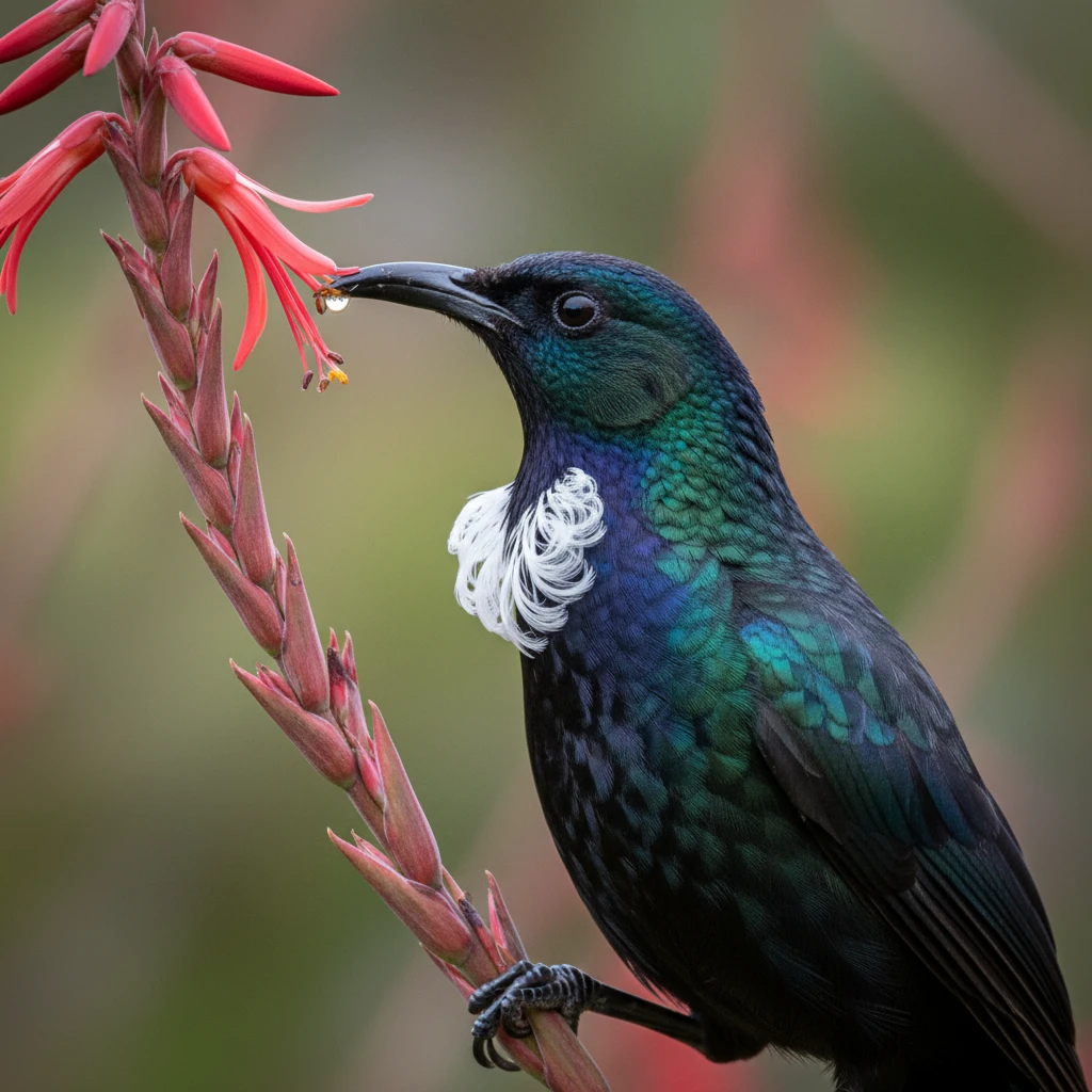 New Zealand Tui bird on native flax