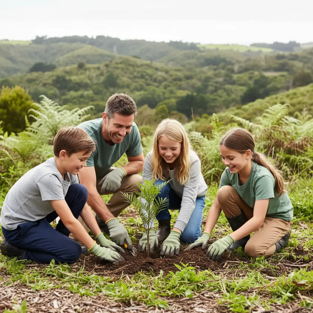 Family volunteering to plant trees in New Zealand
