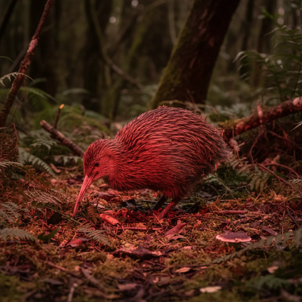 North Island Brown Kiwi foraging in a nocturnal enclosure