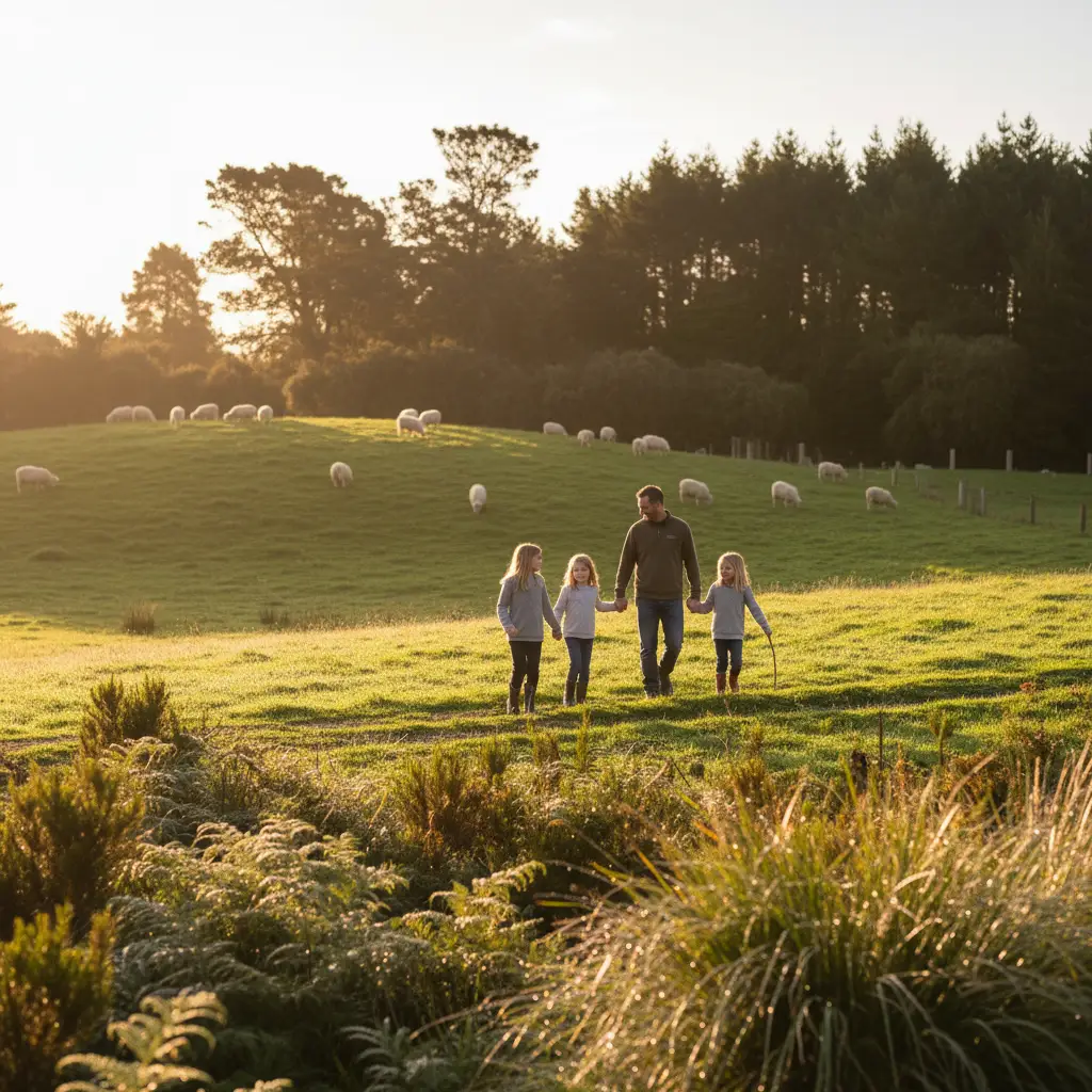 Family enjoying a regenerative farm stay in New Zealand