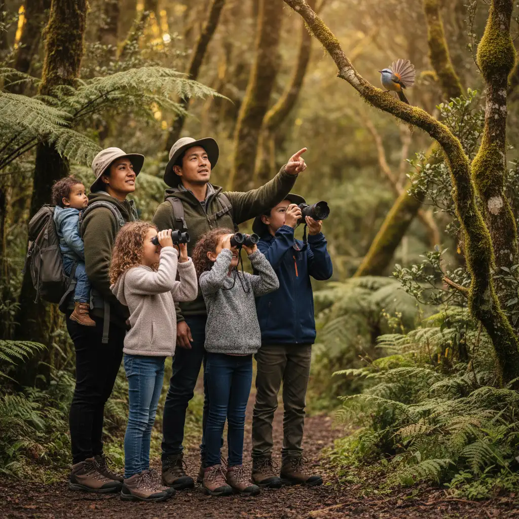 Family using binoculars to ethically observe wildlife