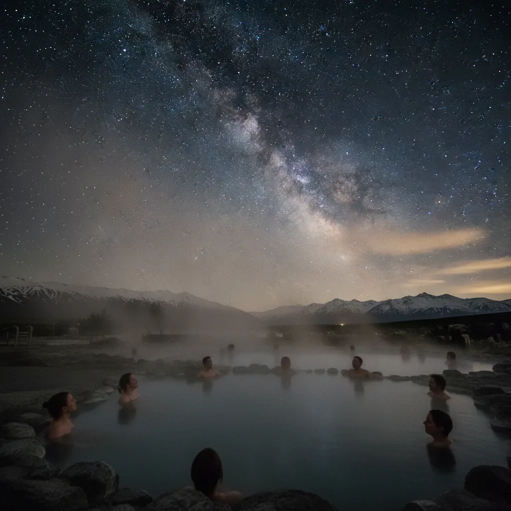 Visitors enjoying the Tekapo Springs hot pools while stargazing