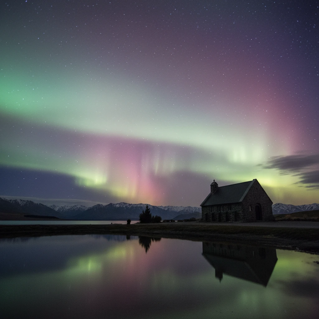 Aurora Australis over Lake Tekapo Church of the Good Shepherd
