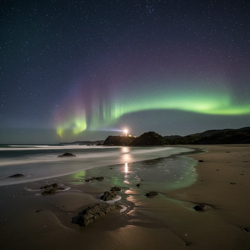 The Catlins coastline at night with Aurora Australis
