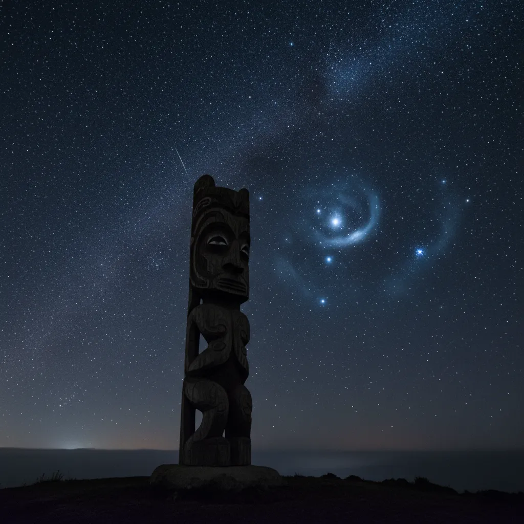 Maori carving silhouette against Matariki star cluster